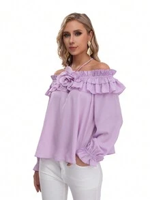 Blusa formal con maga larga, hombros descubiertos con detalle de resorte en la parte de los hombros con olanes  y una flor en el centro - Púrpura malva - Ver 3