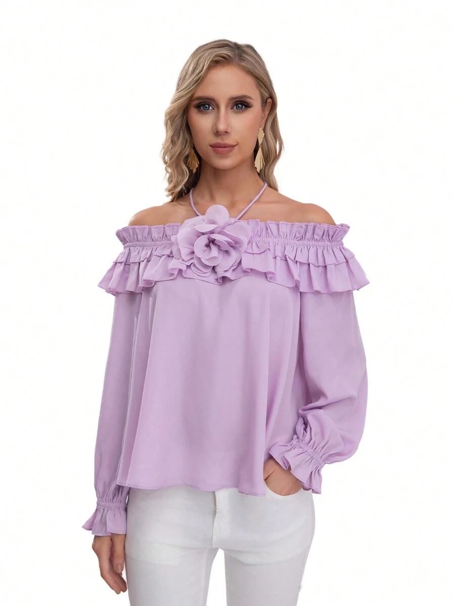 Blusa formal con maga larga, hombros descubiertos con detalle de resorte en la parte de los hombros con olanes y una flor en el centro - Púrpura malva - Ver 1