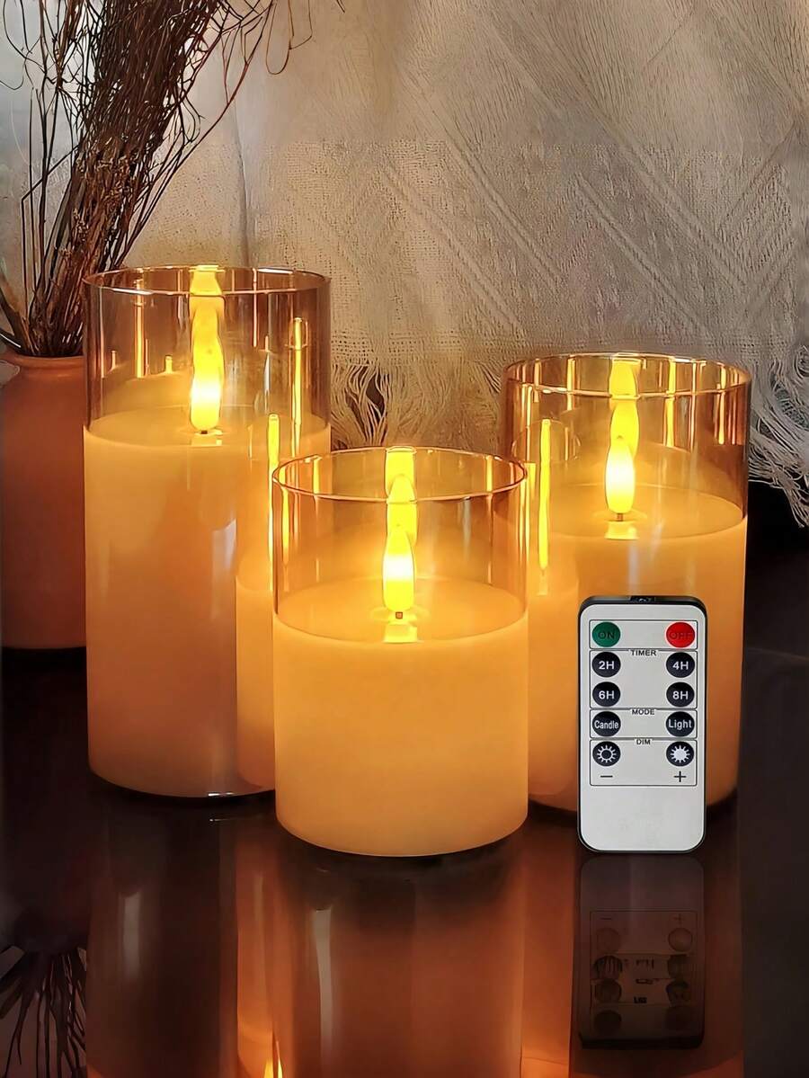 Set Of 3 Flameless LED Candles, Timer And Flickering Bulb Design
