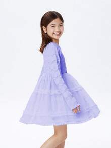 Annil Tween 女童螺纹毛衣长袖连衣裙春秋时尚网眼拼接连衣裙 - 紫色 - 查看 3