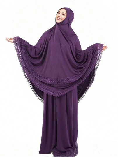 2 件纯色 Abaya 套装，带蕾丝花边头巾和长裙，适合日常穿着和装饰