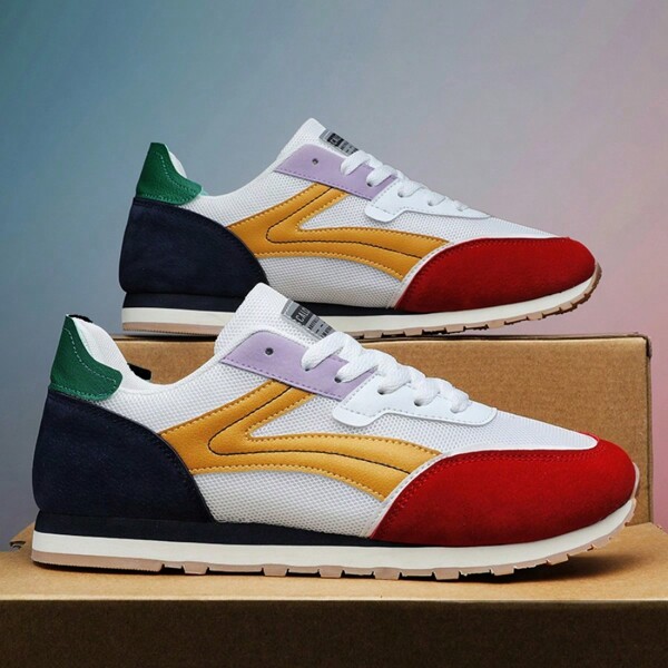 (Coupe petite) Baskets de sport casual pour hommes, baskets de couleur contrastée à lacets, semelle en gomme, rouge Noël