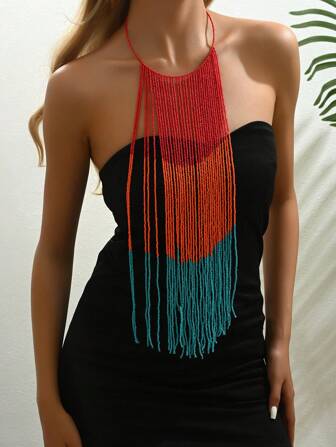 1 件波西米亚风格长流苏彩色种子珠毛衣链项链，适合女士、派对/婚礼