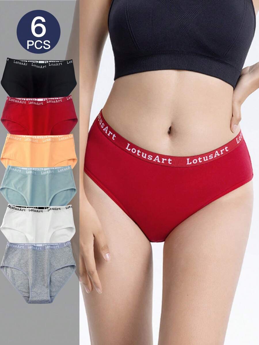 6 件装 女士高腰字母印花三角裤 舒适透气日常内裤 黑色 - 彩色 - 查看 1