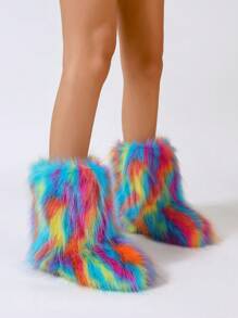 Women's Colorful Faux Fur Snow Boots, Fashionable Thick Warm Striped Fuzzy Mid-Calf Boots