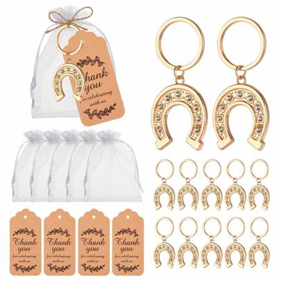 Conjunto com 10 chaveiros em formato de ferradura, lembrancinhas para festa, presentes para convidados, chá de bebê, casamento, chá de panela, festa de cowboy, com etiquetas e sacolas para presente