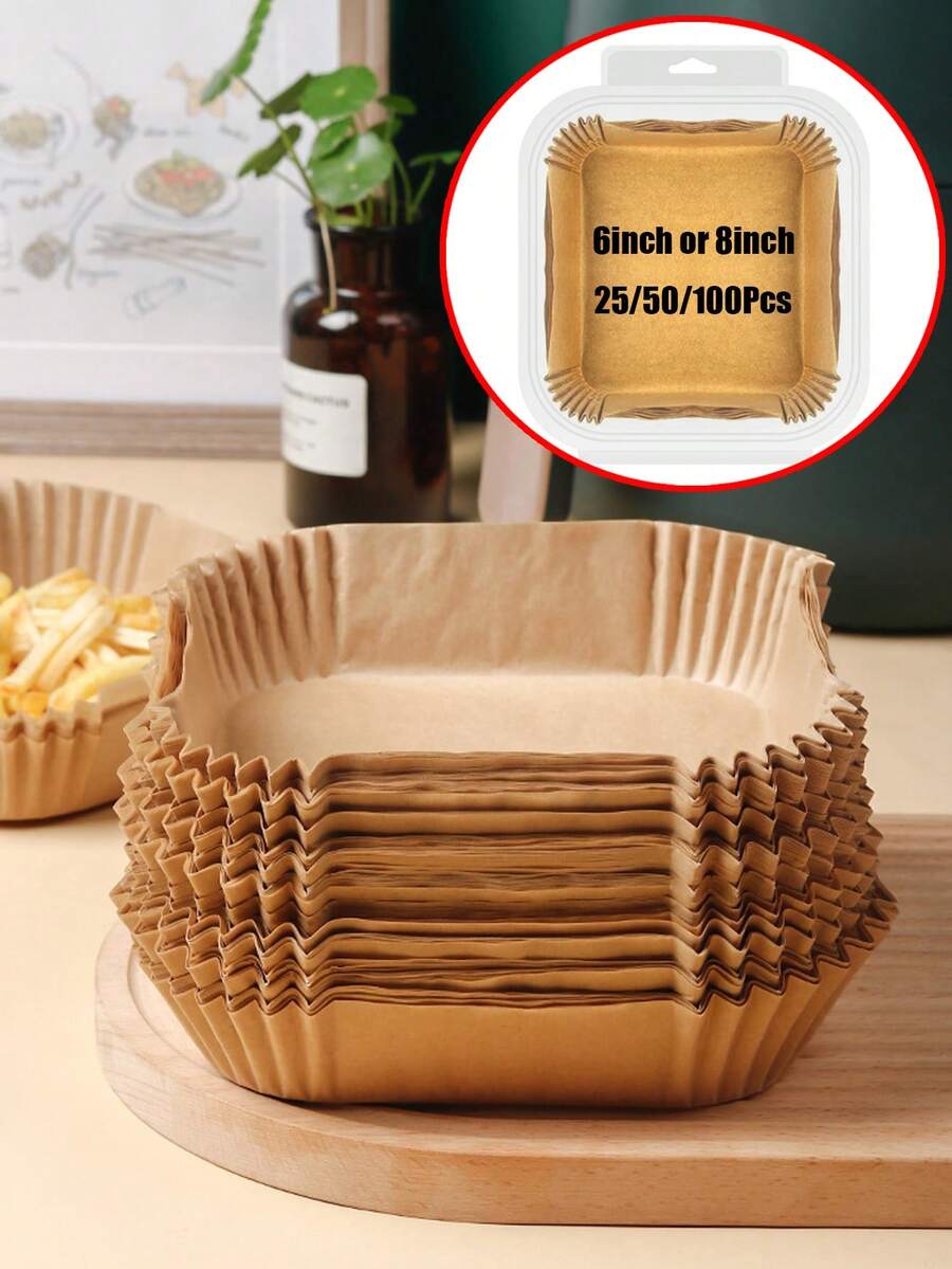 25/50/100 Sheet Air Fryers Lined With Plastic Shell Packaging, Non-Stick Baking Paper,6inch Or 8inch Compatible With Most Air Fryers - Square-natural Color - View 1