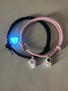 ATLVXJL 2件套情侣发光宇航员镶嵌投影珍珠心形吊坠手链礼物 - 彩色 - 查看 5