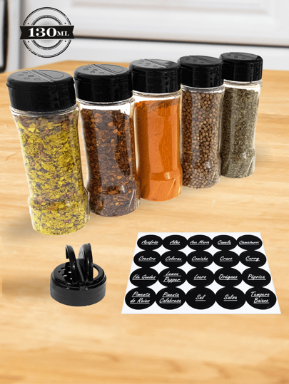 Kit 5 Porta Tempero de Plástico 130ml Com Tampa Dosadora Única Para Especiarias, Ervas, Sal, Temperos, Condimentos, Grãos Pequenos + Etiqueta