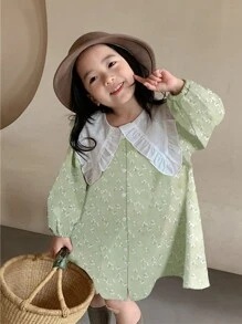 Kleid Mit Laternenärmeln Und Blumendruck Im Farbblockdesign Für Kleine Mädchen Mit Revers Für Den Herbst