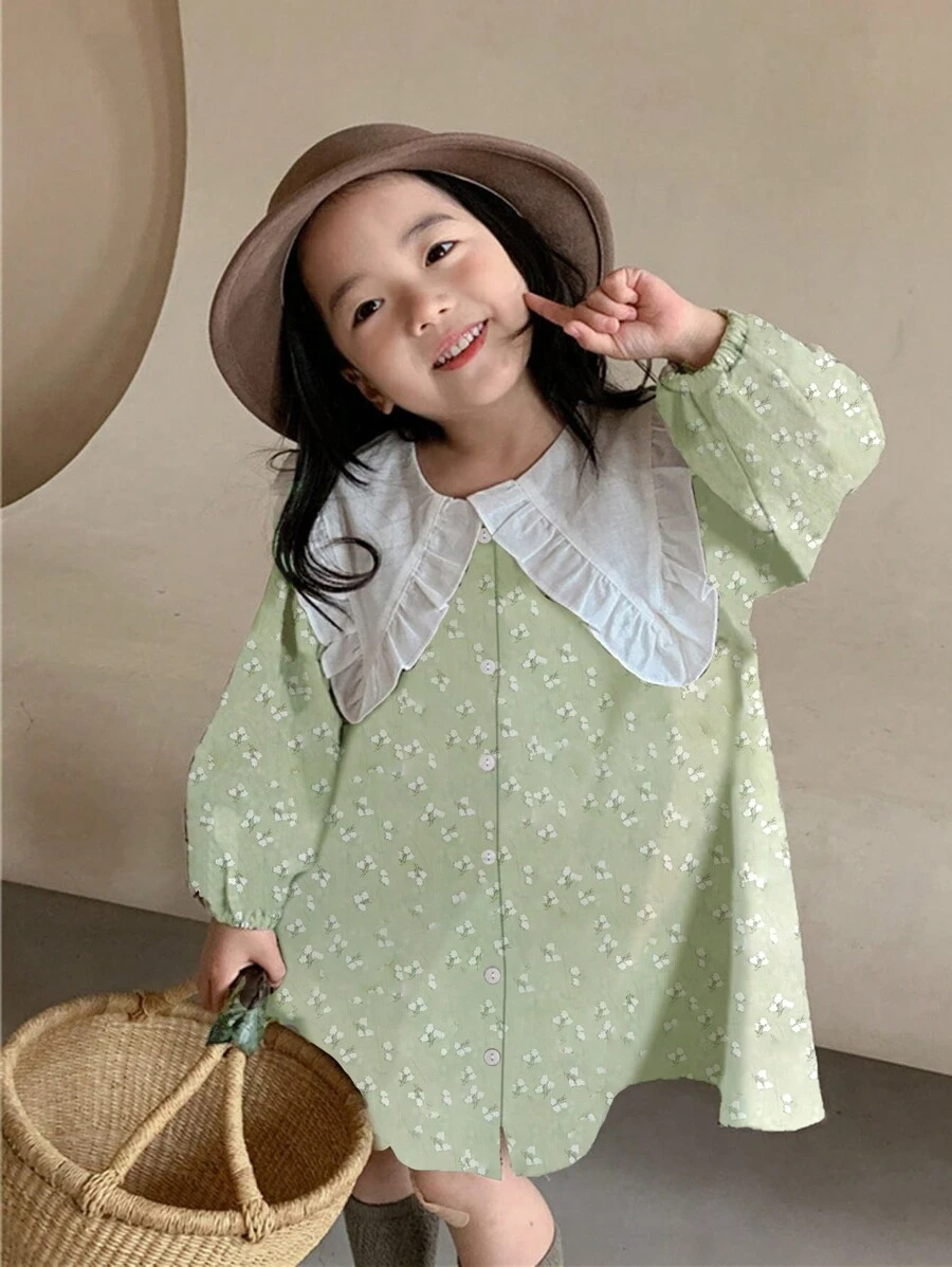 Kleid Mit Laternenärmeln Und Blumendruck Im Farbblockdesign Für Kleine Mädchen Mit Revers Für Den Herbst