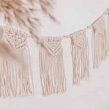 Decoración artesanal de pared para el hogar con guirnalda de paneles de flecos y tapiz tejido con borla y crochet de estilo bohemio de macramé - Beis - Ver 4