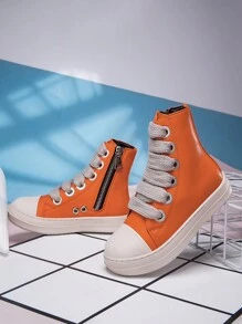 Toddler Kids Boys And Girls Lace-Up Front High Top Skate Shoes Pu Leather Sport Shoes With Side Zipper And Comfortable Soft Sole - 橘色 - 查看 2