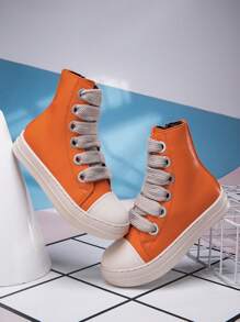 Toddler Kids Boys And Girls Lace-Up Front High Top Skate Shoes Pu Leather Sport Shoes With Side Zipper And Comfortable Soft Sole - 橘色 - 查看 5
