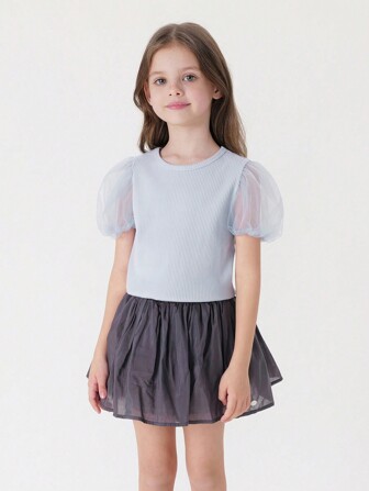 MARC&JANIE 夏季少女時尚甜美網眼泡泡袖彈性針織圓領短袖T恤