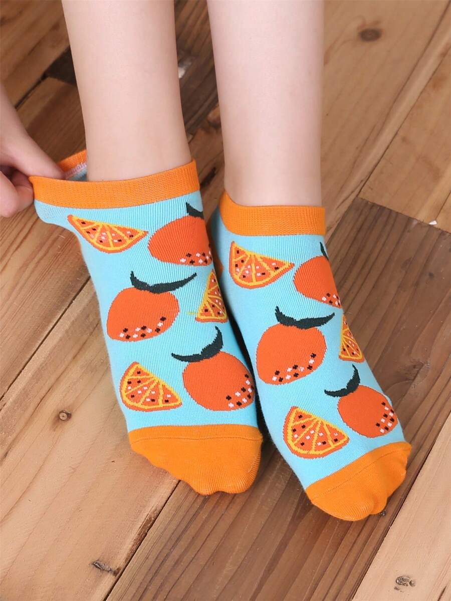 1pair Women Personalized Fruit Series 3D Floral Design Straight Plate Comfortable Breathable Short Socks - Champagne - View 1