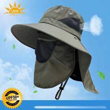 1頂帶可拆式面罩寬邊漁夫帽，適用於防紫外線戶外遮陽帽，適用於徒步旅行、攀岩和釣魚