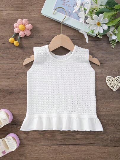 Top sin mangas de punto de color liso para bebé niña con volantes y cuello en U