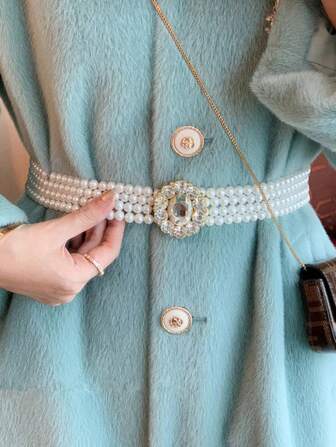 Elegant 1pc Ladies' White Pearl Belt With Rhinestone Buckle And Flower Detail For Dress Decoration, Adjustable, Elastic Waistband, Can Be Worn Daily Fall, Autumn, Halloween