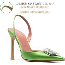 Vertundy Summer Women's Rhinestone Satin Slingback Pumps Pointed Toe Satin Crystal Stiletto High Heels Sandals Party Wedding Bride Pump Dress Shoes White Heels Black Heels White Sandals - 綠色 - 查看 5