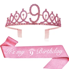 2pcs/Set 4th 5th 6th 7th 8th 9th 10th 12th 13t 16th Birthday Gift Party Favor Rhinestone Crown Jewelry Peony Ribbon Number Etiquette Rose Flower Shoulder Strap Onion Powder Cloth Belt Holiday Dress Up Set Fashion Number Delicate Crown Tiara Hair Accessories It's My Birthday For Pink,Christmas