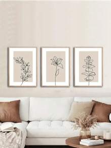 3pcs Minimalist Neutral Green Plant Wall Art, Optional Frame - Khaki - View 1