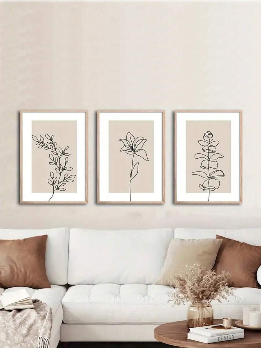 3pcs Minimalist Neutral Green Plant Wall Art, Optional Frame - Khaki - View 1