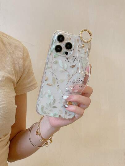 1pc Transparent Strap Holder TPU Phone Case With Painted Design, Anti-Drop, Compatible With Apple And Samsung Models