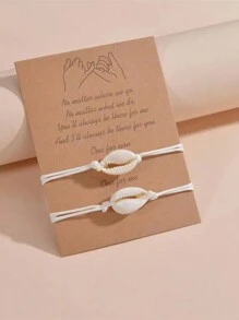 2pcs Romantic Bohemian Beach Vacation Style Bracelet Set, Handmade Wax Rope Braided Shell Friendship Bracelet With Card, For Couple/Friends - Shell - View 9