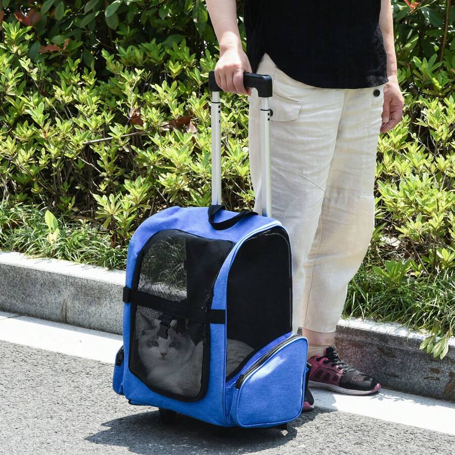PawHut Trasportino Zaino 2 in 1 per Cani e Gatti con Tasche Laterali, Maniglia Telescopica e Ruote, 42x25x55cm, Blu - Blu - Visualizzare 1