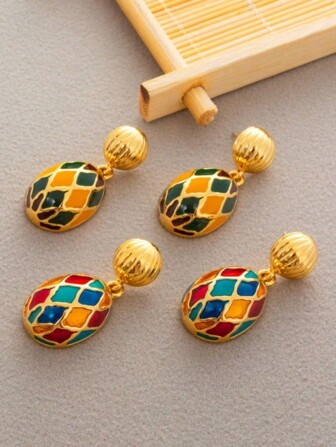 1對新款時尚風手繪彩色搪瓷橢圓形吊墜耳環，迷人高端設計耳釘設計女性飾品