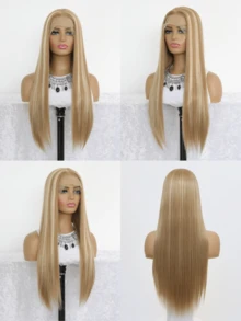 Highlight Blonde Brown Synthetic Lace Front Wig For Women Long Straight Glueless Balayage Platinum Honey Brown 13x4 Lace Front Wigs  150 Density 24 Inches - 拼色 - 查看 8