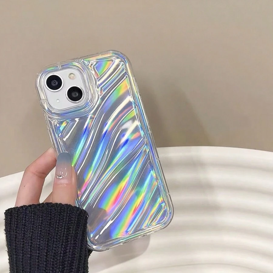 Ốp điện thoại Y2k Laser Ripple Crumple Wave Apple 14 Tương thích với IPhone 15 Pro Max, Vỏ bọc toàn bộ mới, Vỏ mềm trong suốt đơn giản 11/XS, Bảo vệ chống rơi túi khí thay đổi 12 màu