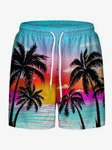 Men's Coconut Tree Gradient 3D Printed Swim Trunks, Casual Beach Shorts Without Inner Lining And Drawstring,Hawaiian - Baby Blue - View 3