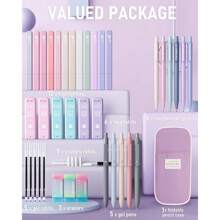 39 PCS Aesthetic School Supplies With Cute Pen Case, 12 Pastel Highlighters, 5 Black Ink Gel Pens, 6 Mechanical Pencils Set 0.5 & 0.7mm For Students Stationary College Essentials - 紫色 - 查看 1