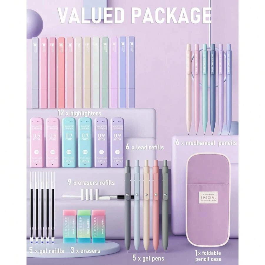 39 PCS Aesthetic School Supplies With Cute Pen Case, 12 Pastel Highlighters, 5 Black Ink Gel Pens, 6 Mechanical Pencils Set 0.5 & 0.7mm For Students Stationary College Essentials - 紫色 - 查看 1