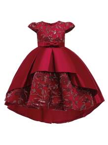 Young Girls' Solid Satin Floral Embroidered Decorative Luxurious Flower Girl Dress, Headpiece Not Included
