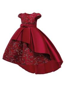 Young Girls' Solid Satin Floral Embroidered Decorative Luxurious Flower Girl Dress, Headpiece Not Included