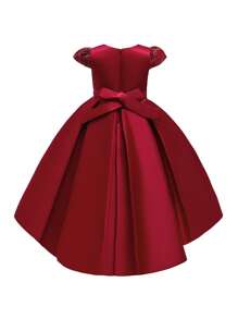 Young Girls' Solid Satin Floral Embroidered Decorative Luxurious Flower Girl Dress, Headpiece Not Included