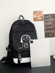 1 pieza Mochila de nylon de moda impresa que brilla en la oscuridad con cierre de cremallera para niños y niñas, adecuada para uso diario, mochila casual para estudiantes de secundaria y preparatoria - Negro - Ver 4