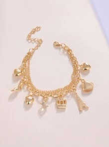 1款金色/銀色心形和貝殼吊墜高跟涼鞋手鐲，海洋沙灘皇冠和艾菲爾鐵塔吊墜鏈接手鐲，女士夏日配件 - A - 查看 1