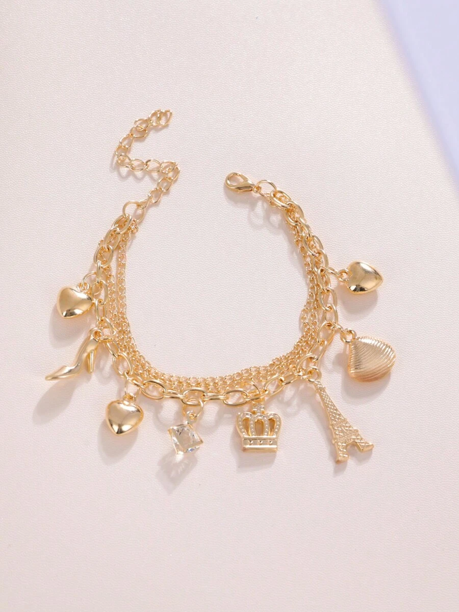 1款金色/銀色心形和貝殼吊墜高跟涼鞋手鐲，海洋沙灘皇冠和艾菲爾鐵塔吊墜鏈接手鐲，女士夏日配件 - A - 查看 1