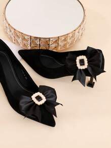 زوج من مشابك الأحذية الديكورية الأنيقة بتصميم الفيونكة من الساتان الكوري، إكسسوارات أحذية قابلة للإزالة مناسبة للصنادل والكعب والأحذية اليومية - الأسود - مشاهدة 3