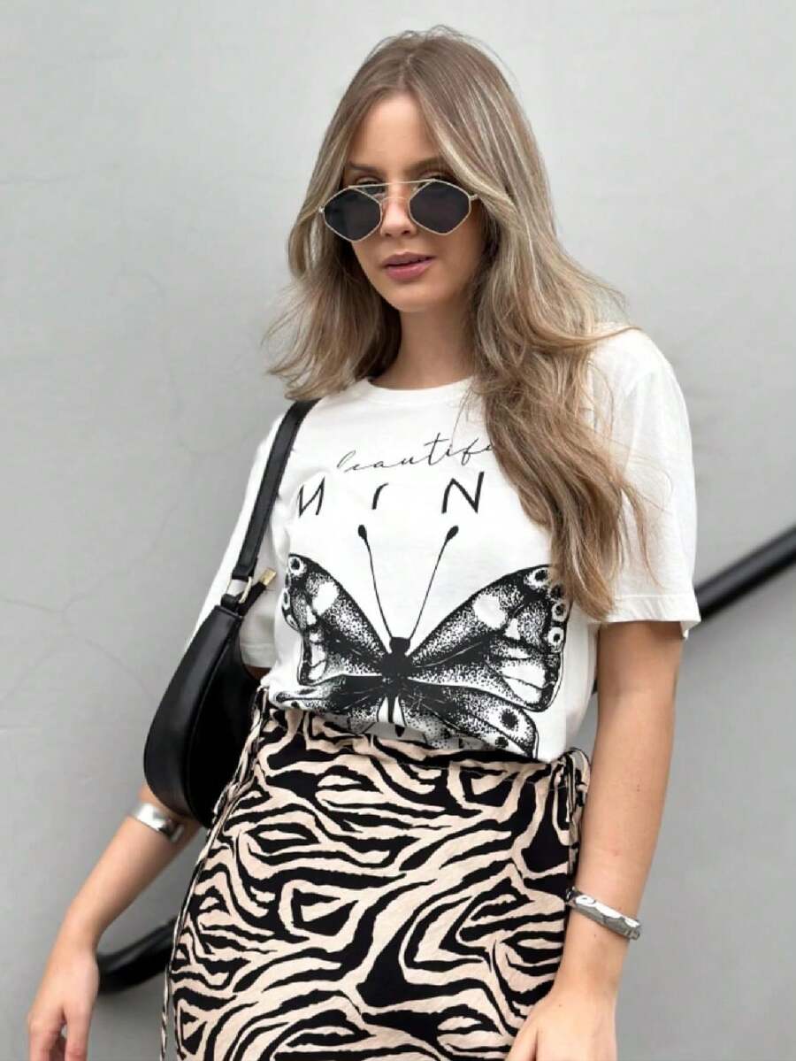 T-shirt Feminina BEAUTIFULL Camiseta 100% Algodão - Creme