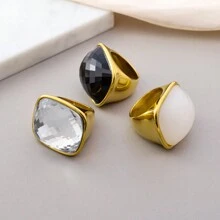 1 Peça Anel Quadrado Grande Decorado com Gemas, Banhado a Ouro 14K em Aço Inoxidável, para Homens e Mulheres, Luxuoso e Elegante