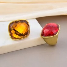 1 Peça Anel Quadrado Grande Decorado com Gemas, Banhado a Ouro 14K em Aço Inoxidável, para Homens e Mulheres, Luxuoso e Elegante