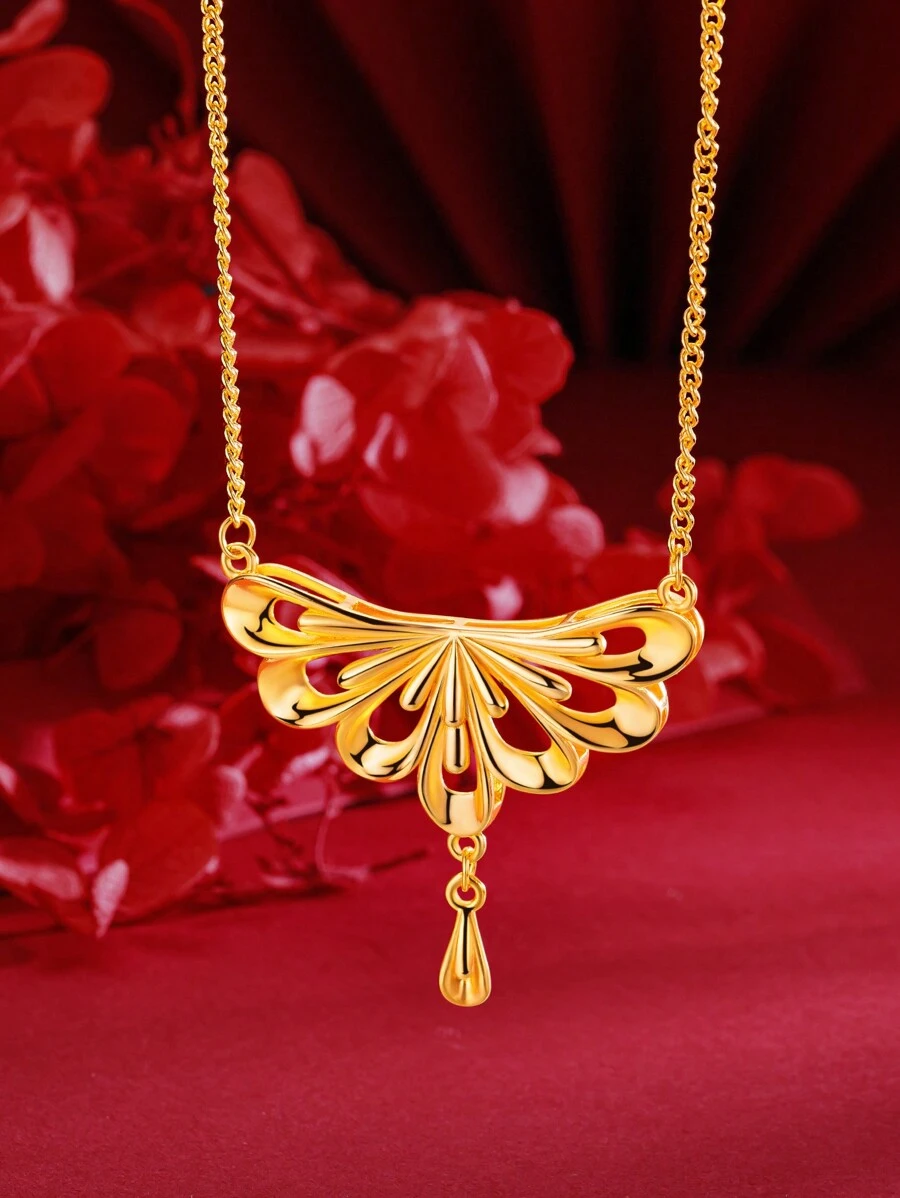 1pc Gold-Color Geometric Fan Shaped Drop Necklace For Women