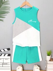 Young Boy Casual Street Style Mint Green Color-Block Letter Print Top And Shorts Set - Mint Green - View 1