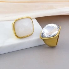 1 Peça Anel Quadrado Grande Decorado com Gemas, Banhado a Ouro 14K em Aço Inoxidável, para Homens e Mulheres, Luxuoso e Elegante