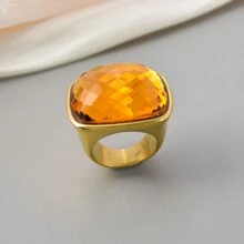 1 Peça Anel Quadrado Grande Decorado com Gemas, Banhado a Ouro 14K em Aço Inoxidável, para Homens e Mulheres, Luxuoso e Elegante